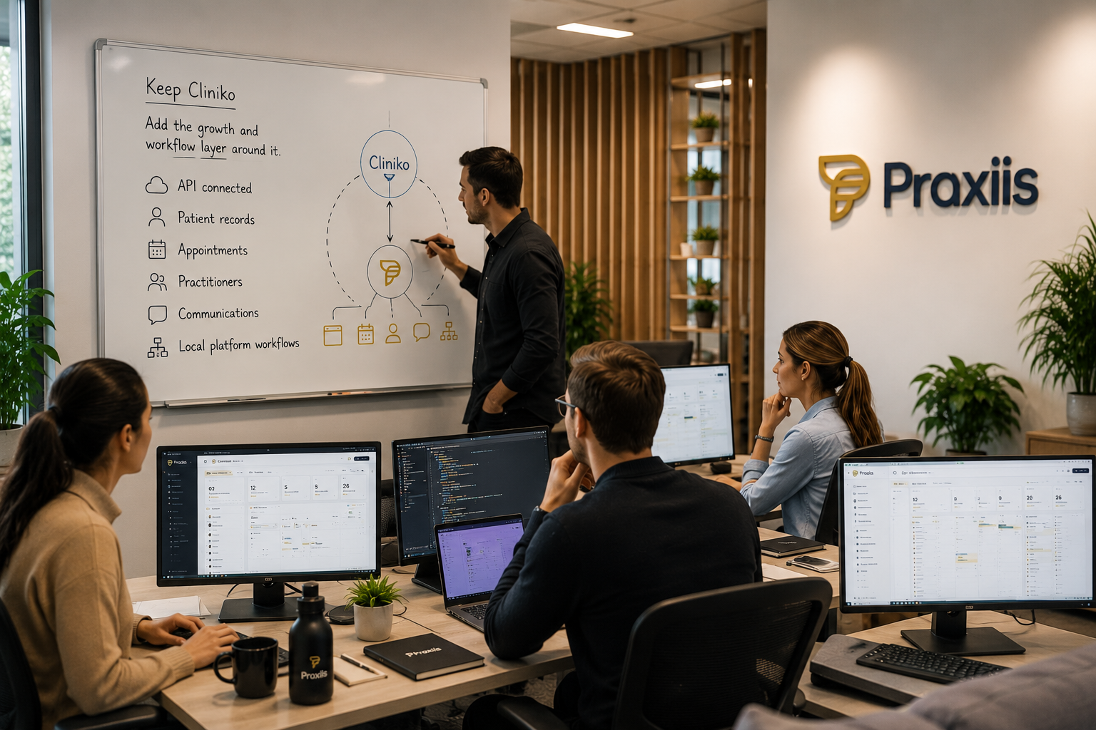 Praxiis team workshop showing the Cliniko integration layer